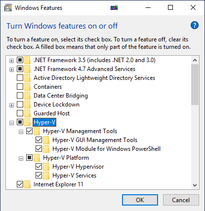 Turn on Hyper-V Features to run Linux VM
