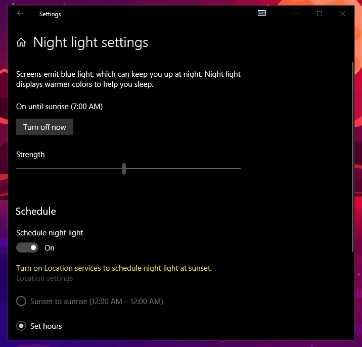 windows 10 night light disabled