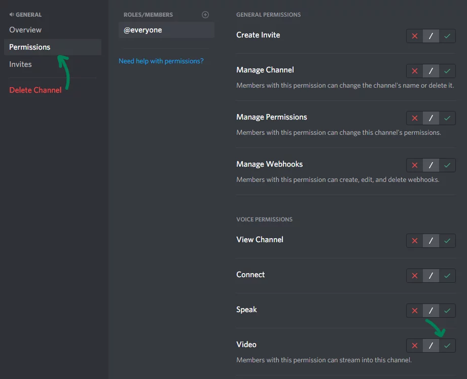 Change channel video streaming permissions in discord