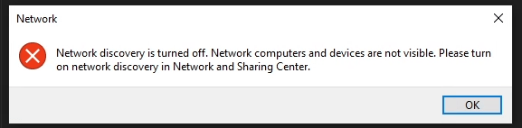Network Discovery Disable Error Message