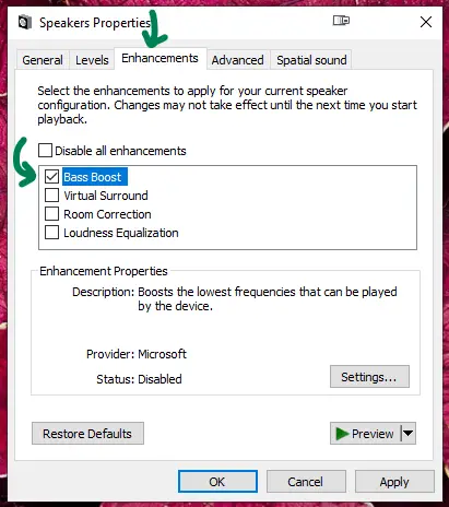 windows bass boost settings