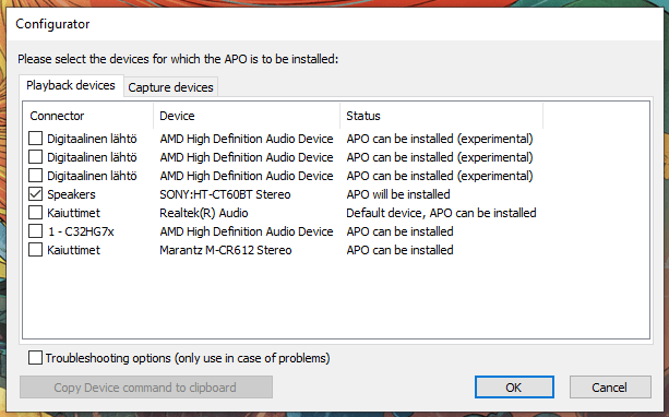 Equalizer APO Installer Device Selection