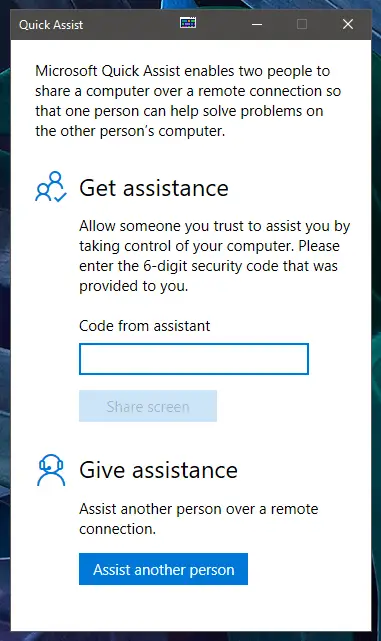 Windows Quick Assist Interface